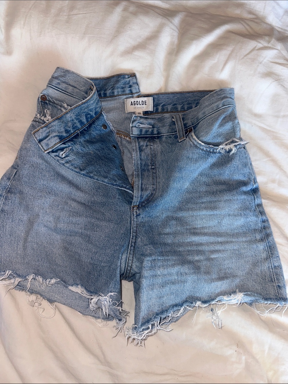 AGOLDE CRISS CROSS Light Blue High-Rise Distressed Denim Shorts